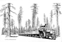 Pen and ink, traction engine, historic, logging, lumber
