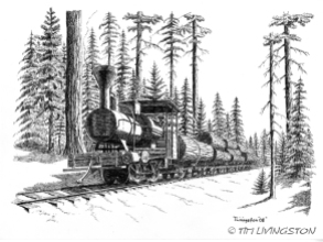 Steam engine, pen and ink, historic logging, Sierra