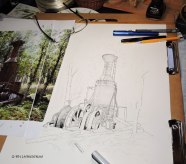 Steam Donkey, pen and ink, pen & ink, pen, drawing, watercolor, WIP, logging