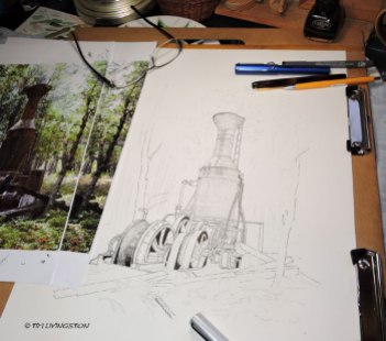 Steam Donkey, pen and ink, pen & ink, pen, drawing, watercolor, WIP, logging