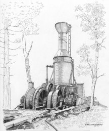 steam donkey, steam yarder, Willette Steam donkey, Willamette Iron Works, pen and ink, pen, drawing, watercolor, WIP