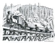 Uncle Sam, locomotive, steam engine, railroad logging, Diamond Match, logging, pen and ink