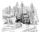 pen and ink, log truck, loggers, logging